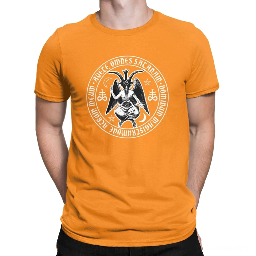 Green or grey Baphomet satanic cross gothic t-shirt with circular demon graphic, alternative wear