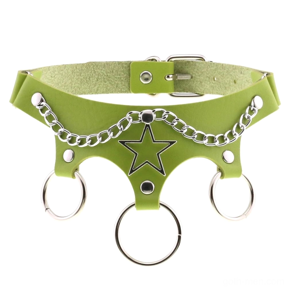 Green leather gothic star choker with silver metal accents