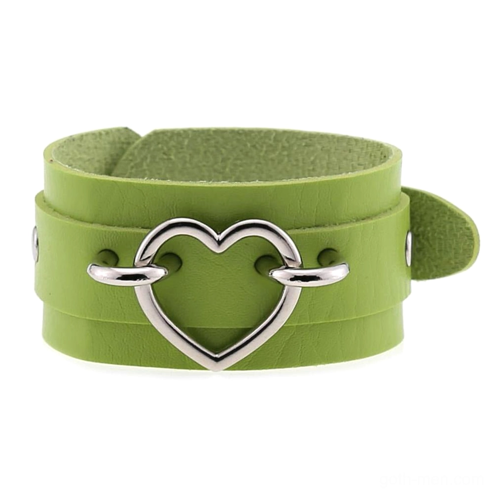 Green leather double-layer heart cuff bracelet with silver heart decoration, alternative fashion earth-tone accessory