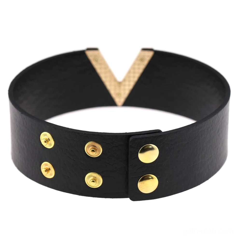Green textured leather V-choker with adjustable gold straps - gothic alternative style