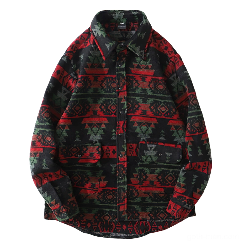 Green red tribal print gothic shirt front flat lay with geometric patterns buttoned collar detail