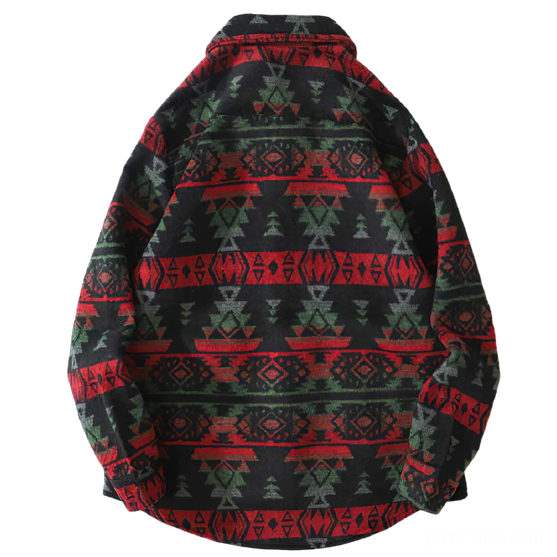 Green red tribal print gothic shirt back view showing complete ethnic geometric pattern long sleeves