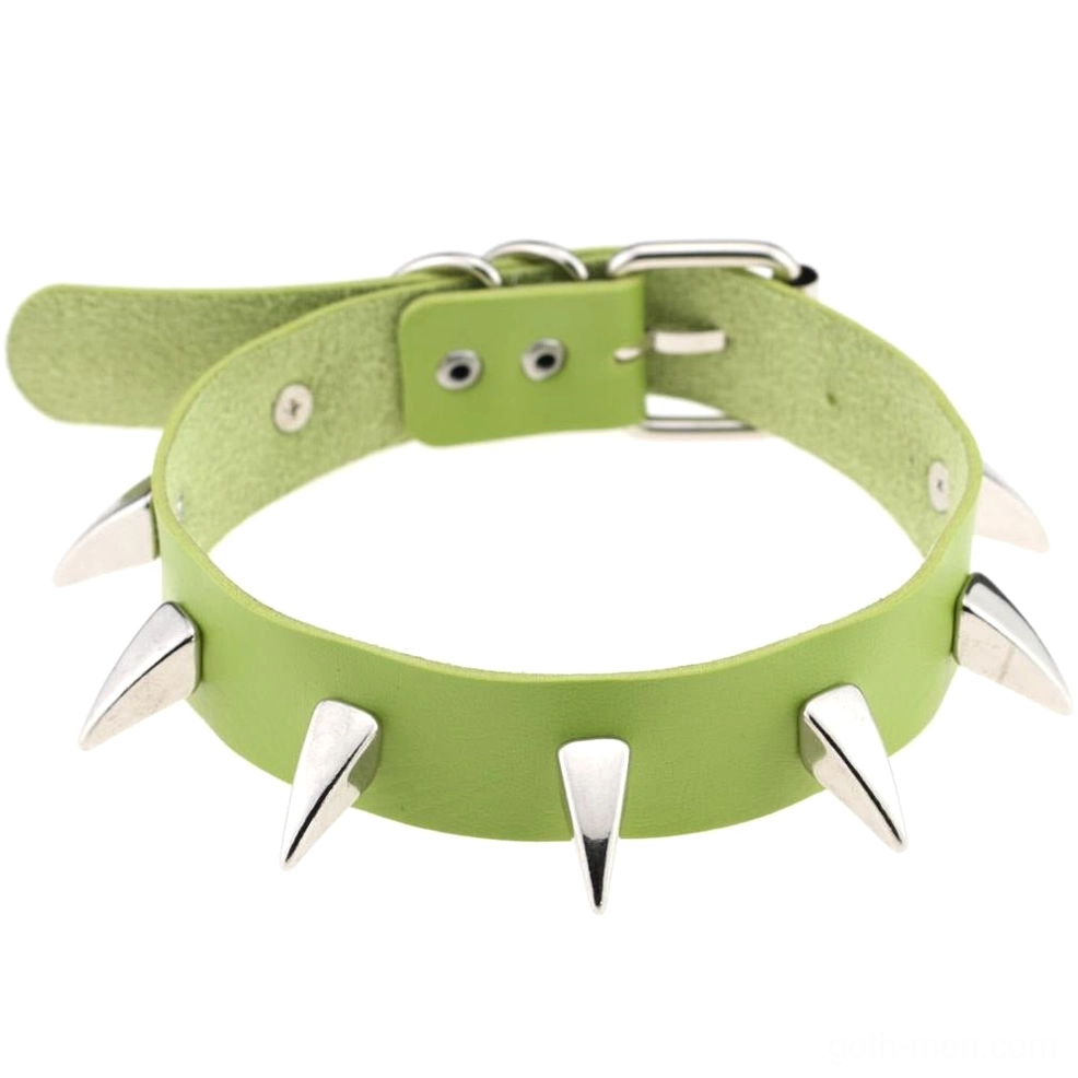 Green spiked leather gothic choker collar with riveted silver spikes