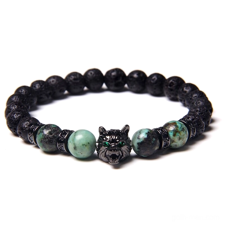 Green variegated natural stone wolf bracelet with sparkling spacer rings and green-eyed wolf charm, gothic goth style