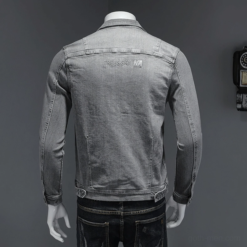 Grey denim slim-fit jacket texture and fabric detail - cotton polyester blend