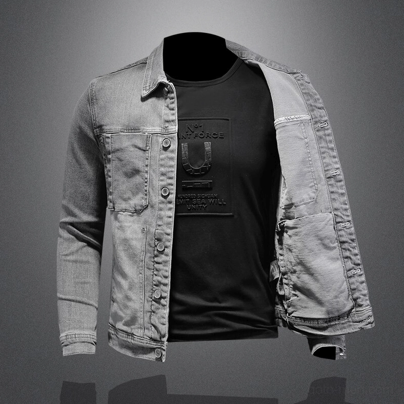 Open grey denim jacket displaying inner lining and black printed inner tee - unbutton styling