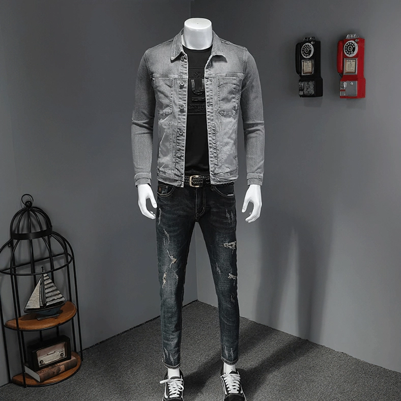 Full body outfit styling with grey denim jacket and distressed ripped jeans - casual goth look