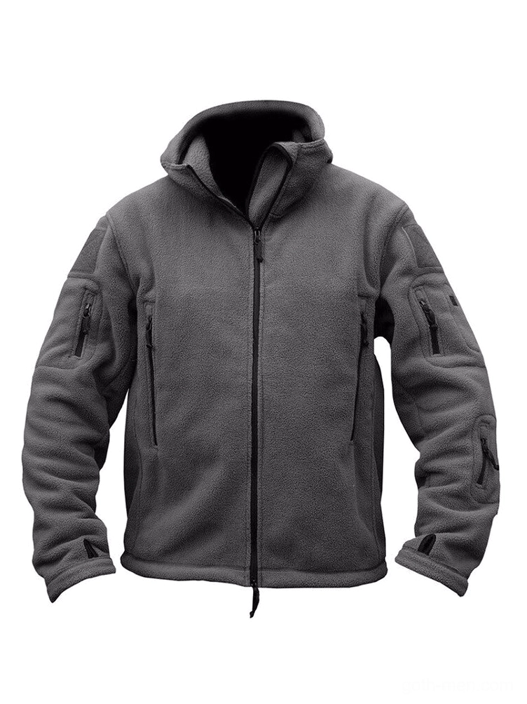 Dark grey tactical fleece hooded jacket front view with arm zipper utility pockets