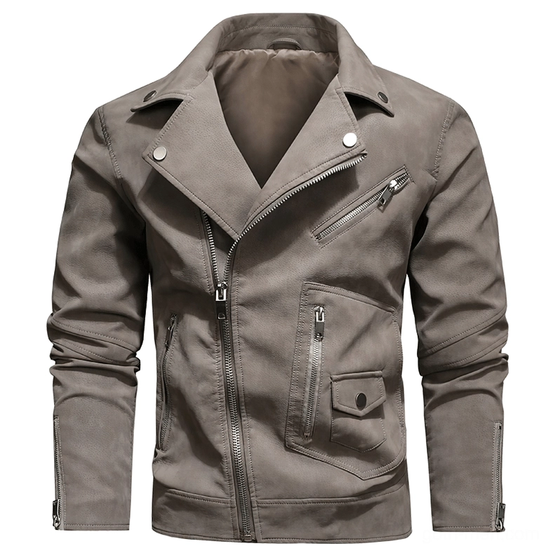 Grey gothic biker jacket lapel style with industrial zipper design and collar accent