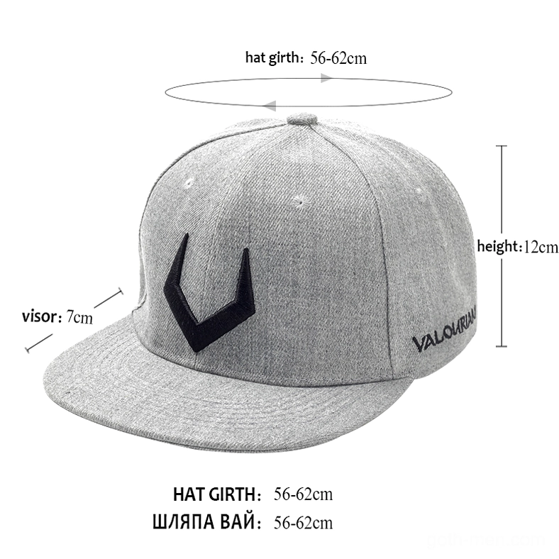 Heather grey gothic baseball cap showing left side profile with brand logo, size specifications and dimensional embroidery