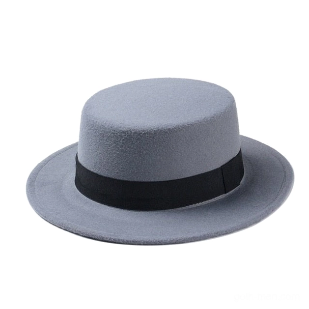 Grey wool felt flat top fedora with black satin band, front view sophisticated gothic headwear