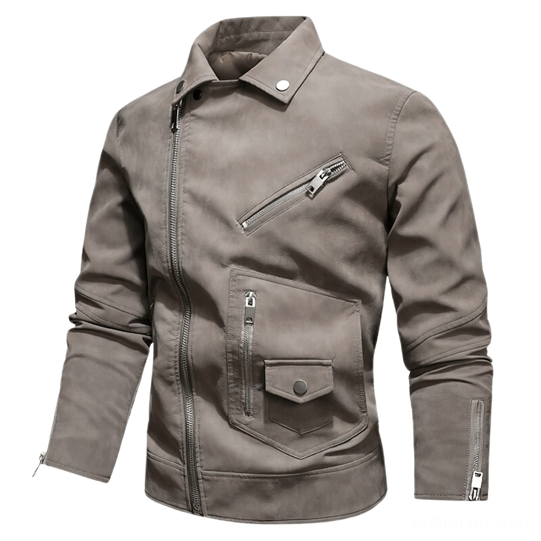 Grey gothic PU leather biker jacket with multi-pocket design and asymmetrical closure