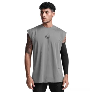 Grey gothic mesh sleeveless tank top for men with chest graphic print, studio front view