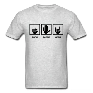 Heather grey gothic rock unisex t-shirt flat lay front view showing detailed rock gesture print design