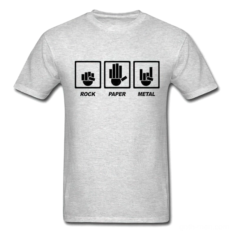 Heather grey gothic rock unisex t-shirt flat lay front view showing detailed rock gesture print design