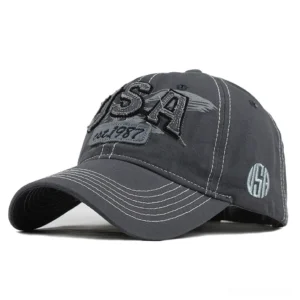 Grey vintage USA embroidered gothic baseball cap with contrast stitching and side badge, front view