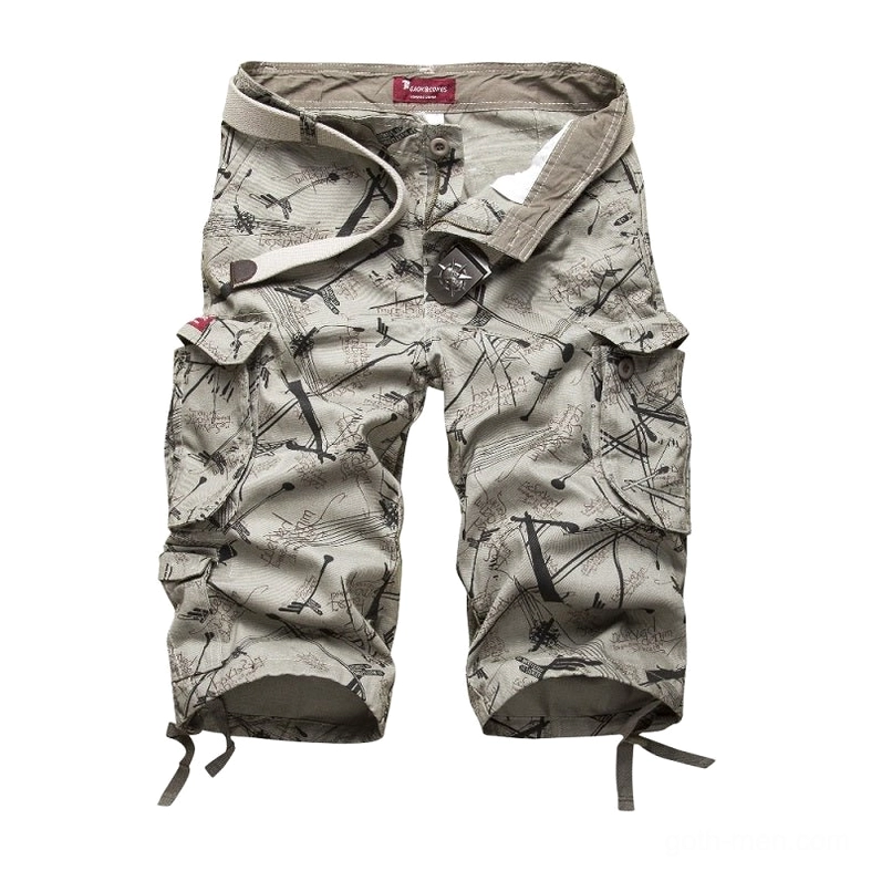 Grey graffiti printed gothic cargo shorts with multiple side pockets and drawstring hem, front view flat lay on white