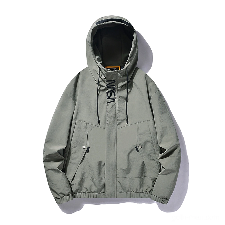 Grey-green NASA print gothic hooded cargo jacket with zipper pockets and elastic hem flat lay