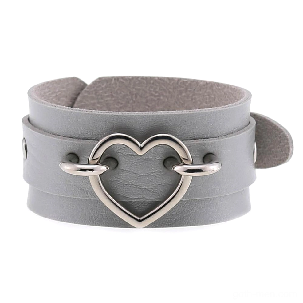 Grey leather double-layer heart cuff bracelet with silver heart buckle, versatile gothic jewelry neutral palette