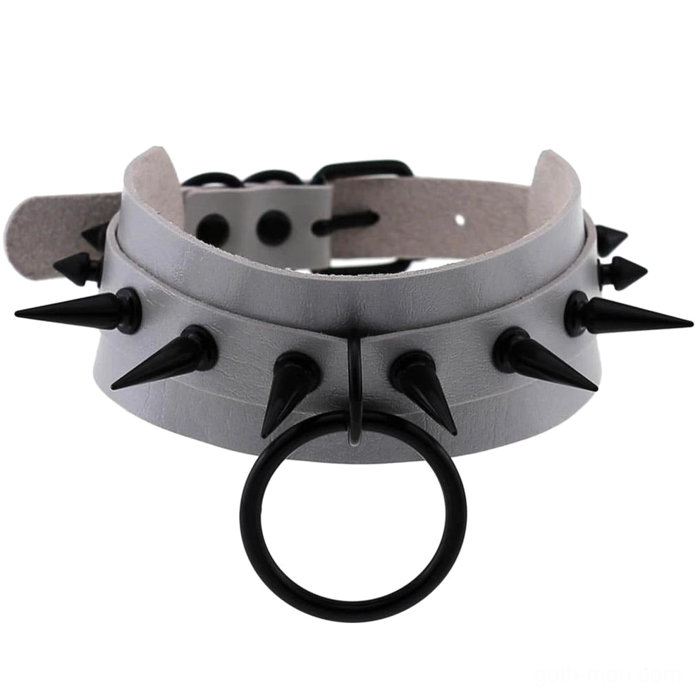 Grey spiked leather choker with black metal studs and adjustable buckle - gothic punk style