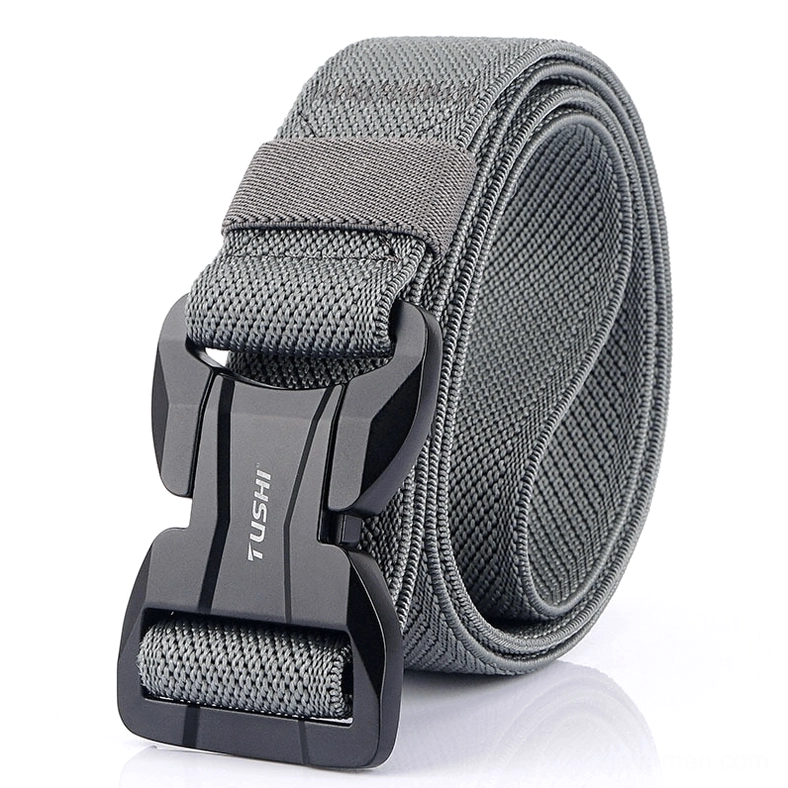Grey woven tactical belt with matte finish quick-release buckle, neutral gothic aesthetic