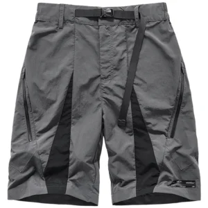 Grey tactical cargo shorts front view with adjustable elastic waist, dual buckle system, and zippered side pockets - gothic utility style