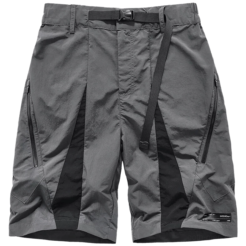 Grey tactical cargo shorts front view with adjustable elastic waist, dual buckle system, and zippered side pockets - gothic utility style