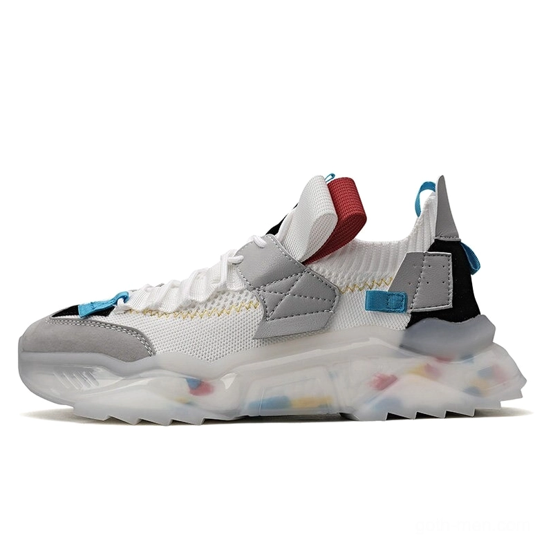 Grey-white neutral gothic platform sneaker with sock-style ankle collar and thick transparent sole