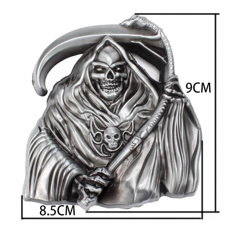 Detailed grim reaper buckle close-up, silver metal death skull sculpture for gothic belt
