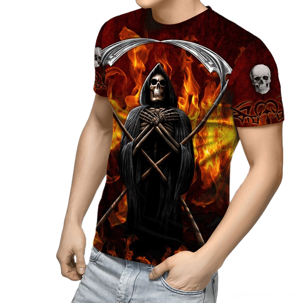Grim reaper gothic 3D print t-shirt with skull and scythe tribal flame graphics on sleeves, worn by male model with light wash jeans against white background