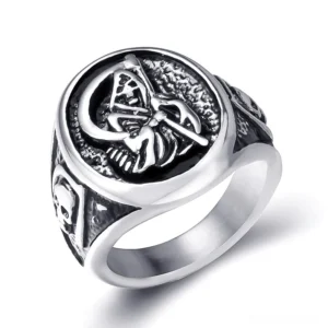 Grim reaper memento mori stainless steel gothic ring front oblique view with two-tone silver and black finish
