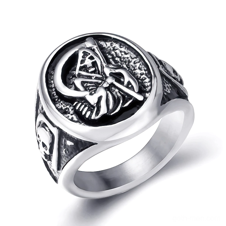 Grim reaper memento mori stainless steel gothic ring front oblique view with two-tone silver and black finish