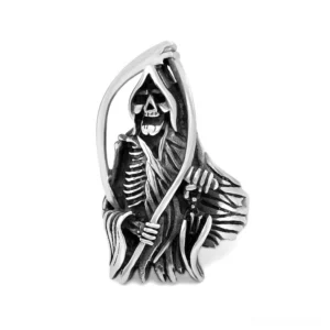 Grim Reaper skull gothic ring stainless steel front view white background detailed skeleton scythe design