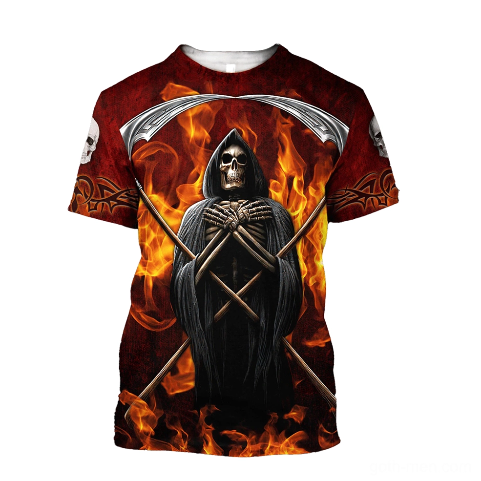 Black gothic grim reaper t-shirt flat lay showing full front design with all-over reaper graphics, skulls, flames, and scythe print