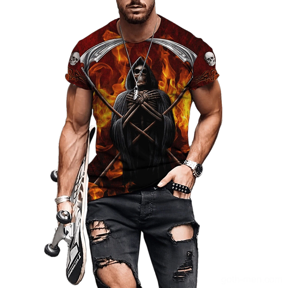 Alternative streetwear grim reaper gothic tee styled with ripped black jeans and skateboard, showcasing skull sleeve prints in street style setting