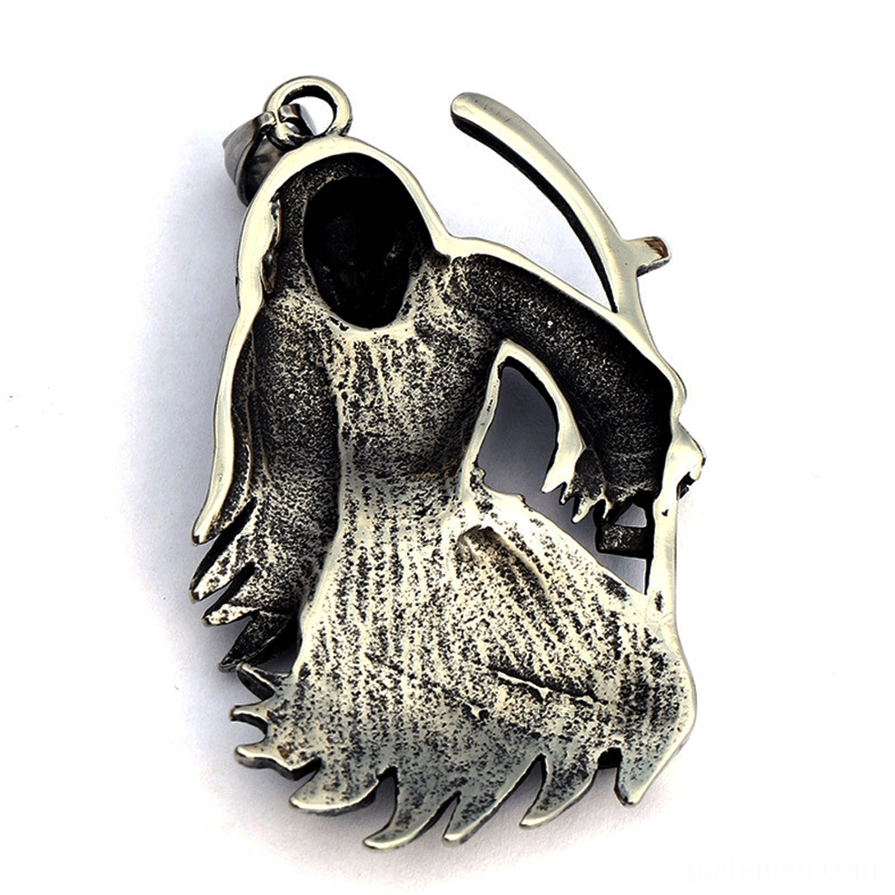 Back rear view hollow brushed metal texture grim reaper skull pendant gothic necklace