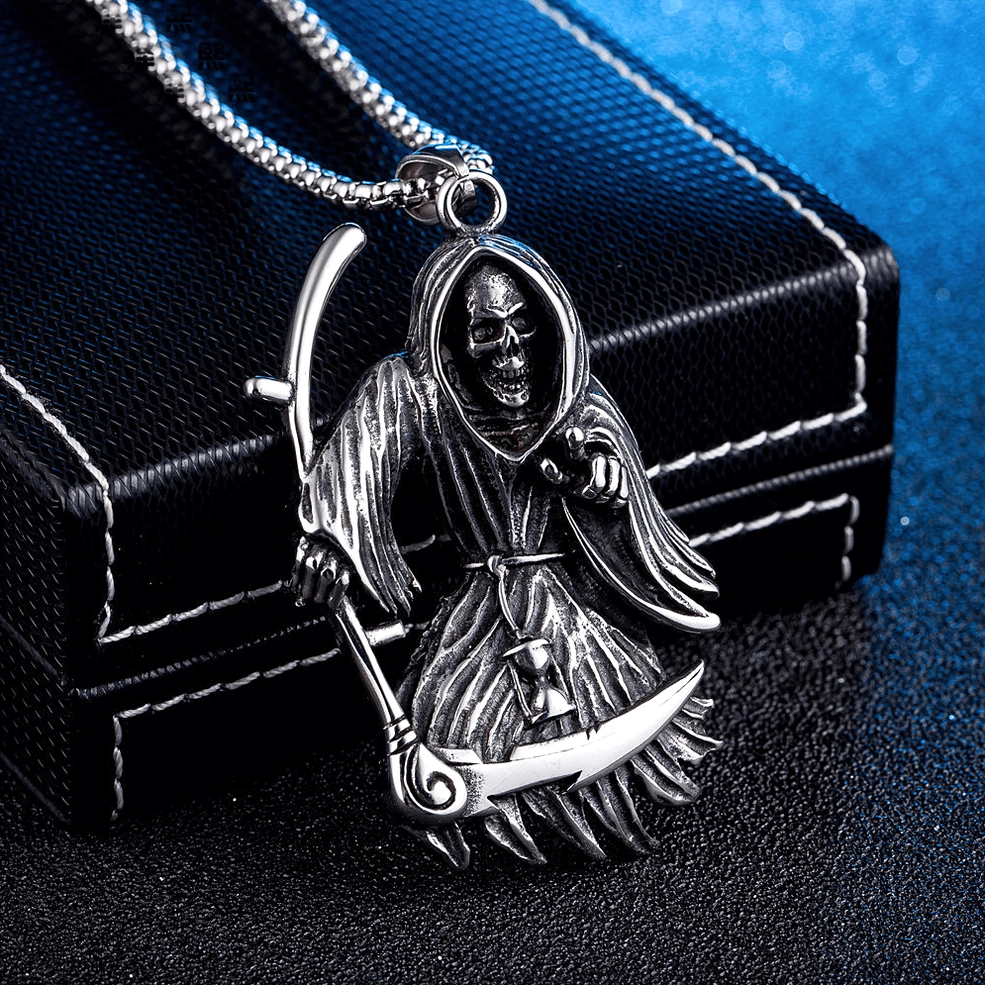Grim reaper scythe skull pendant gothic necklace black jewelry display box punk styling