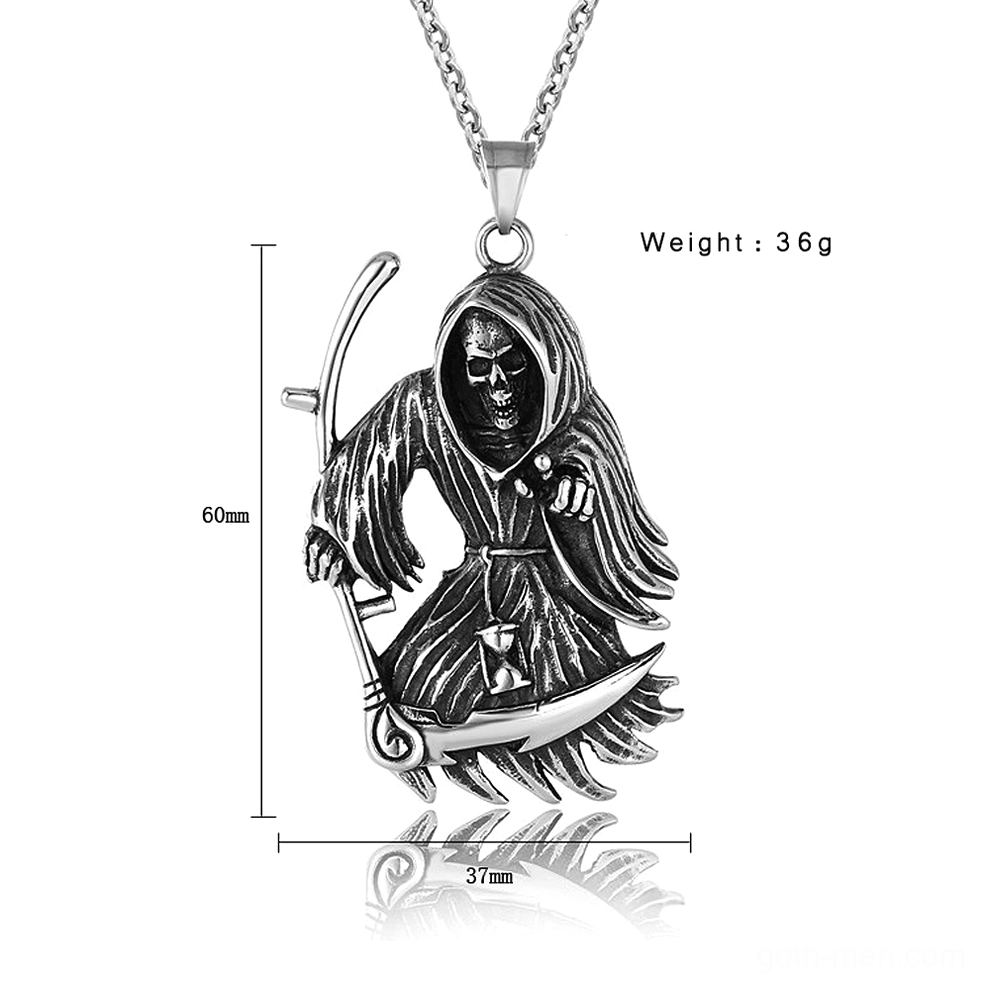 Gothic scythe skull pendant 60mm height 37mm width size specifications stainless steel necklace