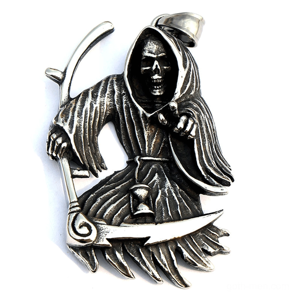 Left side view grim reaper scythe pendant showing hourglass on handle gothic symbolism