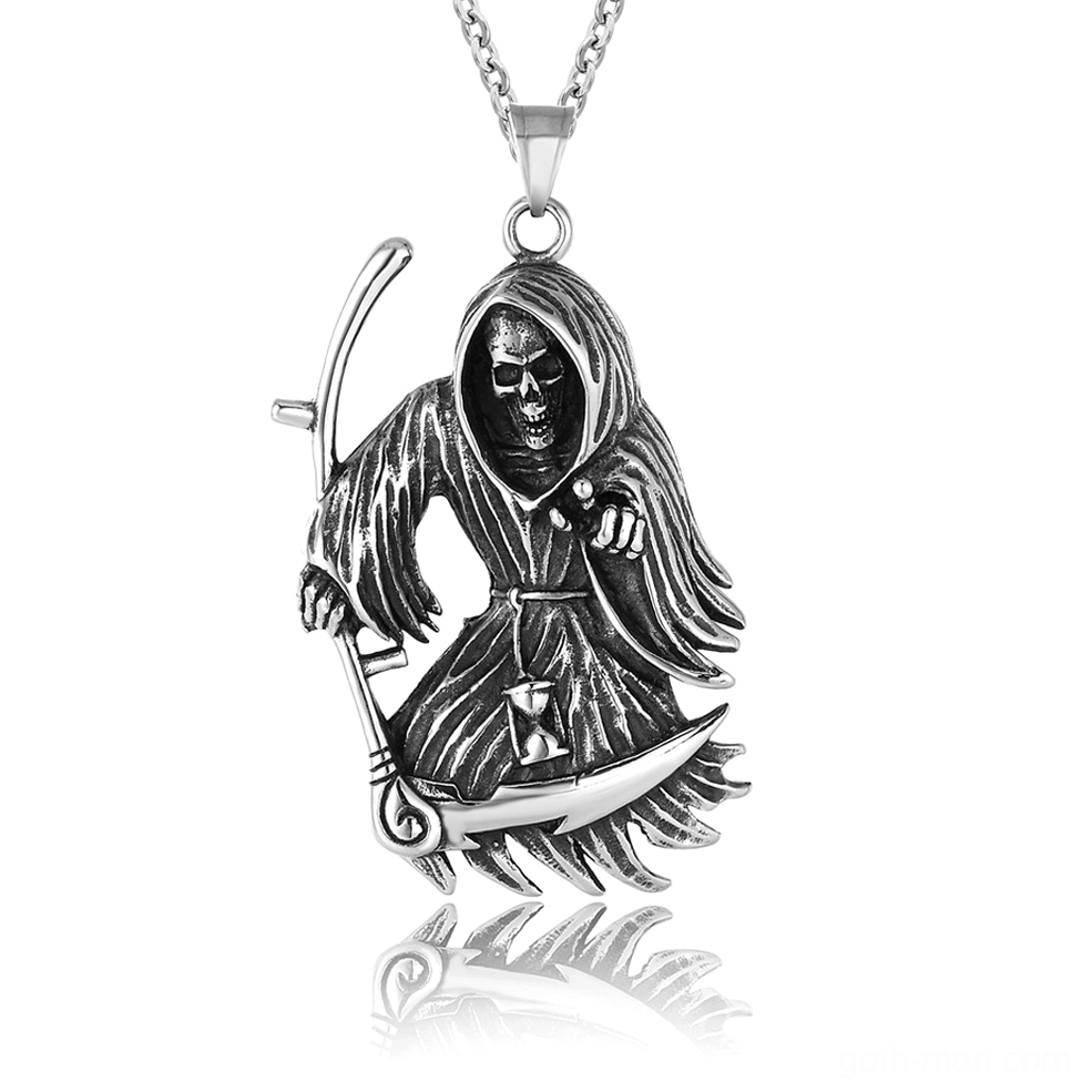 Grim Reaper scythe skull pendant necklace front view with vintage silver stainless steel reflection gothic jewelry