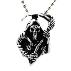 Grim Reaper skeleton pendant in antique sterling silver with vintage finish, front oblique view on white background showing detailed hooded figure holding scythe