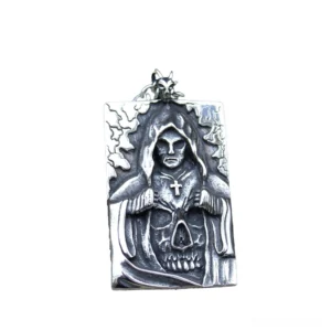 Grim reaper skull cross pendant with embossed hooded death figure and central cross motif in vintage silver stainless steel, front flat view