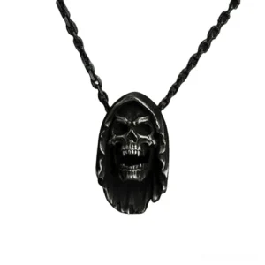 Gothic hooded skeleton skull necklace pendant - direct front view with open-mouthed expression and monk's hood silhouette