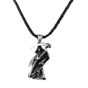 Grim reaper skull pendant stainless steel necklace with braided leather chain front view gothic jewelry
