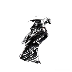 Stainless steel grim reaper skeleton pendant gothic necklace three-quarter angle close-up