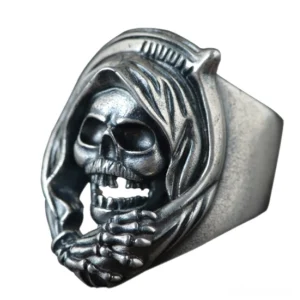 Grim Reaper skull ring front close-up displaying detailed carved reaper skull and wide sterling silver band