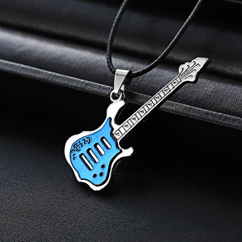 Stainless steel electric guitar pendant necklace close-up detail of metal clasp and chain