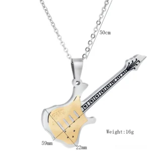 Electric guitar pendant necklace with size measurements and 16g weight specification shown on white backdrop