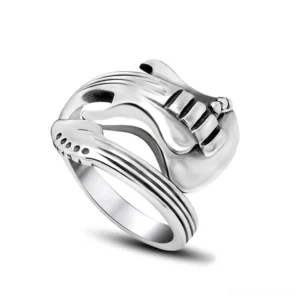 Stainless steel guitar ring with detailed fretboard and string design, polished silver finish, front view on white background