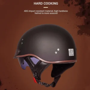 Half face motorcycle helmet with built-in tinted visor and brown edge trim right side profile view